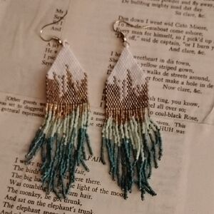Ink & Alloy Bohemian Beaded Fringe Earrings in White, Brown, and Green
